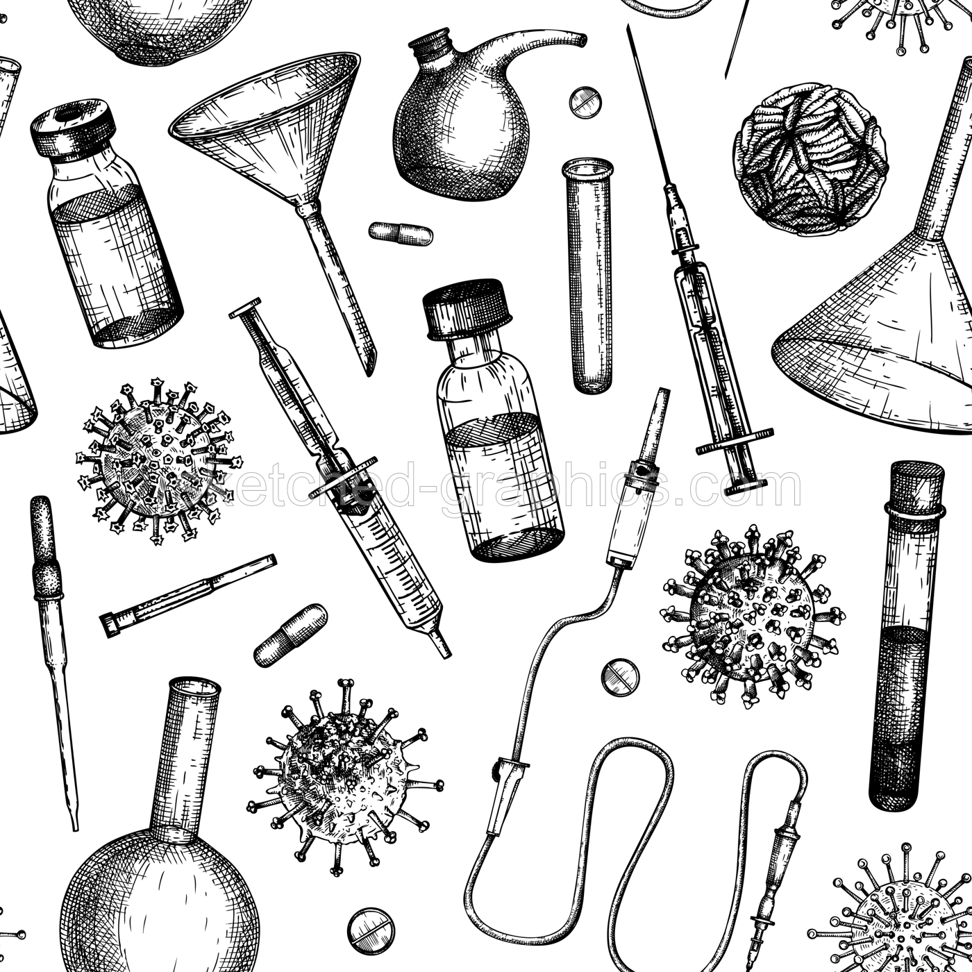Antiviral therapy and vaccination background. Hand drawn vector illustrations. Vaccine in bottles, laboratory equipment, different virus sketches. Medicine seamless pattern . Covid-19 drawing  Illustration